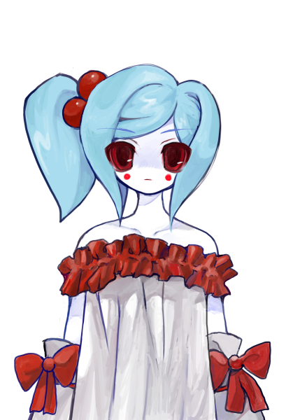 1girl, albino, blue_hair, bow, colored_skin, dress, faroja, heartlovepowertemple