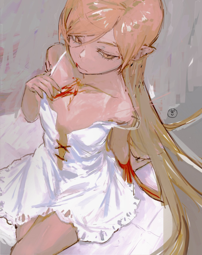 1girl, bare_shoulders, blonde_hair, blood, blood_from_mouth, blood_on_body, blood_on_face, collarbone, dress, from_above, highres, kiss-shot_acerola-orion_heart-under-blade, long_hair, monogatari_(series), no_bra, no_panties, oshino_shinobu, pointy_ears, sitting, sketch, solo, strap_slip, taki_(a313131333), thigh-highs, vampire, very_long_hair, white_dress, yellow_eyes