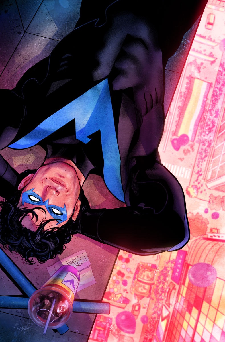 arms_behind_head, batman_(series), black_bodysuit, black_hair, blue_mask, bodysuit, city, cup