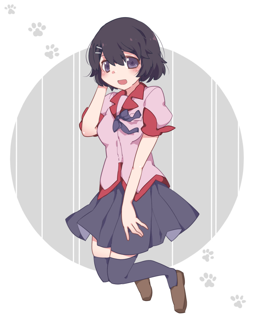 1girl, black_bow, black_hair, bow, brown_footwear, commentary_request, full_body, hair_ornament