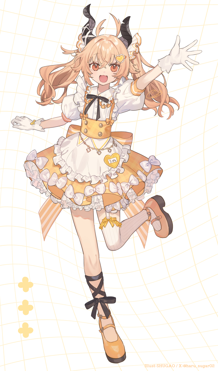 1girl, :d, antenna_hair, apron, arm_up, artist_name, back_bow, bandaged_horn