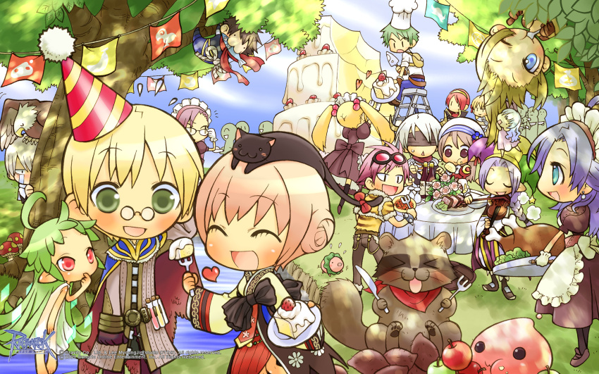 6+boys, 6+girls, :3, alchemist_(ragnarok_online), animal_on_head, animal_print, apple, apron