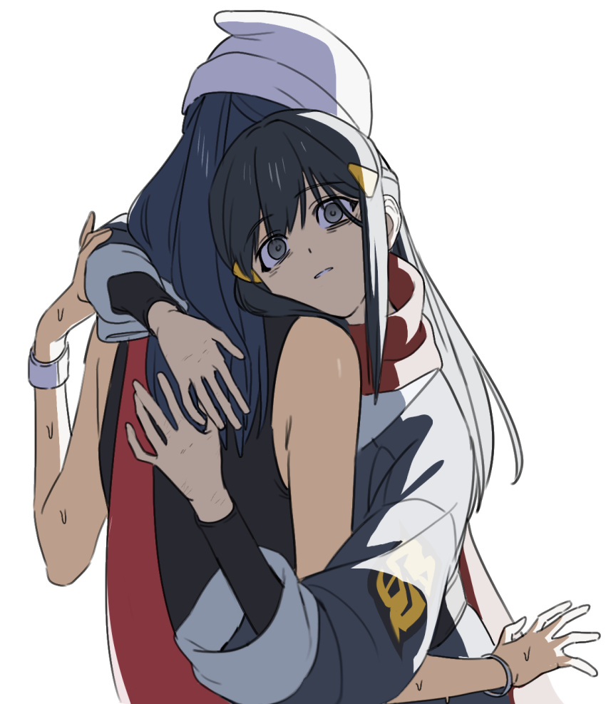 2girls, 987645321o, akari_(pokemon), bags_under_eyes, beanie, black_hair, black_shirt, black_sleeves