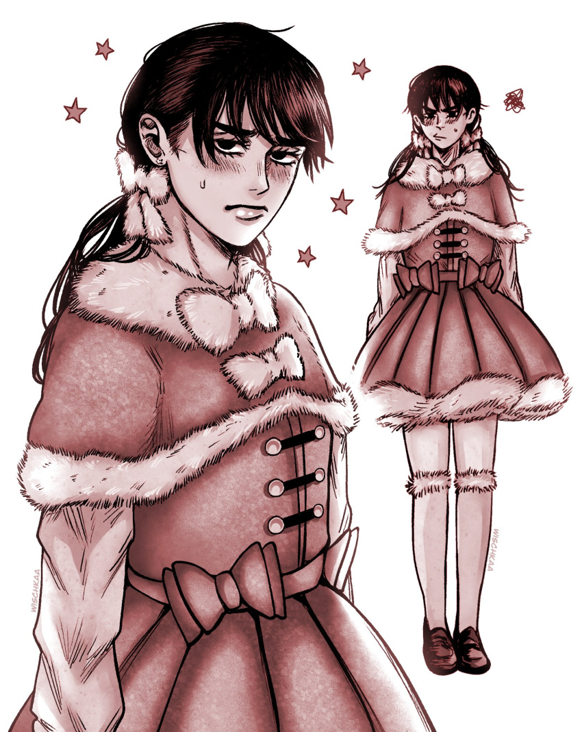 1girl, bow, capelet, chainsaw_man, dress, full_body, fur-trimmed_capelet, fur-trimmed_dress, fur-trimmed_socks, fur_trim, highres, kneehighs, looking_at_viewer, low_twintails, mitaka_asa, monochrome, multiple_views, santa_dress, socks, squiggle, star_(symbol), sweatdrop, twintails, wischkaa