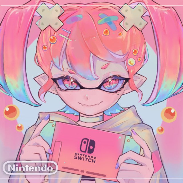1girl, blue_background, blue_hair, choker, closed_mouth, colored_tips, commentary_request, d_msy8, eyelashes, fangs, fangs_out, handheld_game_console, holding, holding_handheld_game_console, inkling, inkling_girl, inkling_player_character, inset_border, logo, looking_at_viewer, multicolored_hair, nintendo, nintendo_switch, pink_background, pink_eyes, pink_hair, pointy_ears, purple_nails, raised_eyebrow, skin_fangs, slit_pupils, smile, solo, splatoon_(series), straight-on, tentacle_hair, twintails, two-tone_hair, white_choker