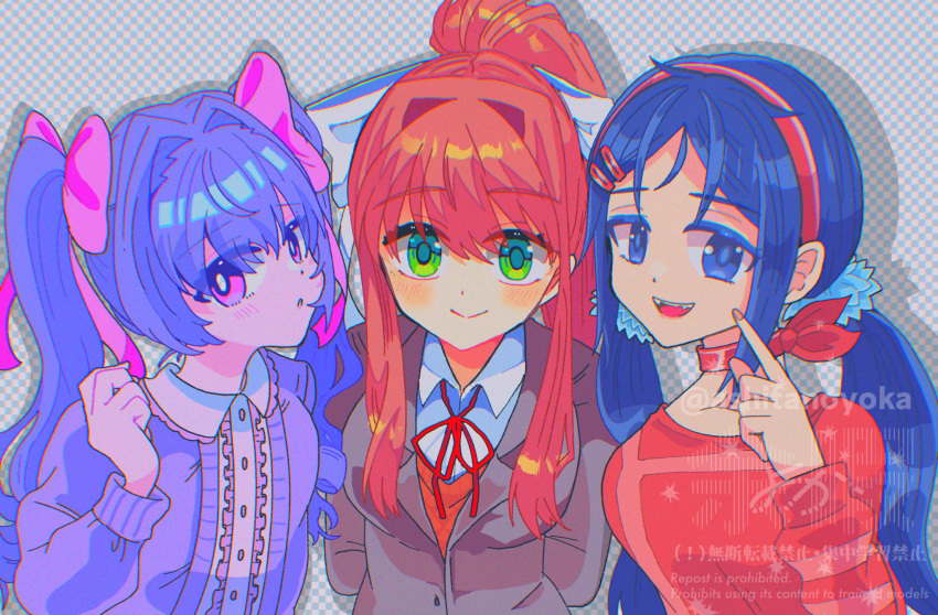 3girls, :d, :o, arms_behind_back, artist_name, blue_eyes, blue_hair, bow