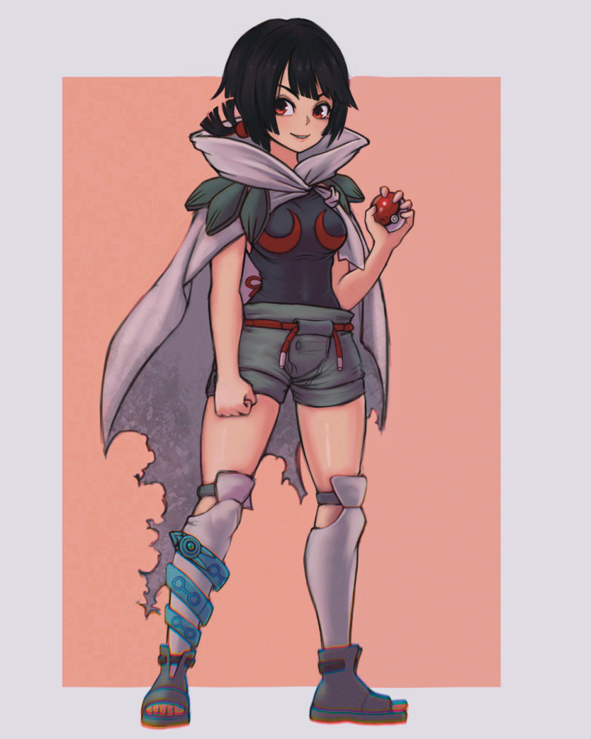 1girl, azurdraws, black_hair, breasts, cape, full_body, grey_shorts, highres