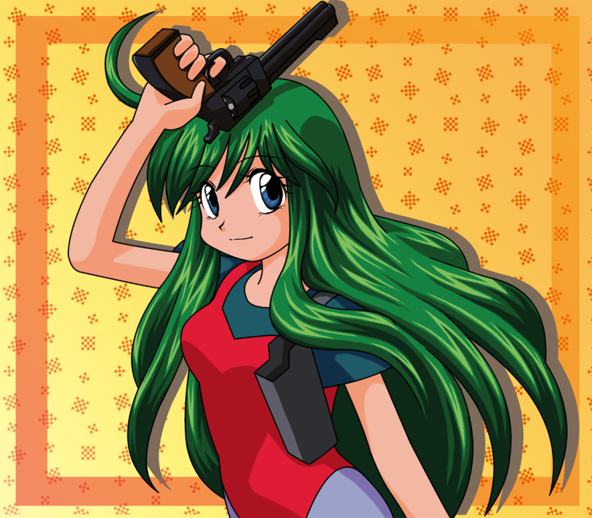 ayanokouji_rem, blue_eyes, dream_hunter_rem, green_hair, gun, handgun, holster, leotard