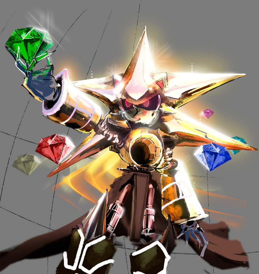 absurdres, alternate_form, armor, aura, black_sclera, blue_gemstone, chaos_emerald, claws, cmihaii, colored_sclera, floating, floating_gem, floating_object, gem, glint, glowing, glowing_eyes, gold_armor, green_gemstone, grey_background, hand_up, hedgehog_boy, highres, holding, holding_gem, humanoid_robot, joints, metal_sonic, neo_metal_sonic, outstretched_hand, pointy_nose, purple_gemstone, red_eyes, red_gemstone, robot, robot_joints, sonic_(series), sonic_the_hedgehog_(idw), super_neo_metal_sonic, yellow_armor