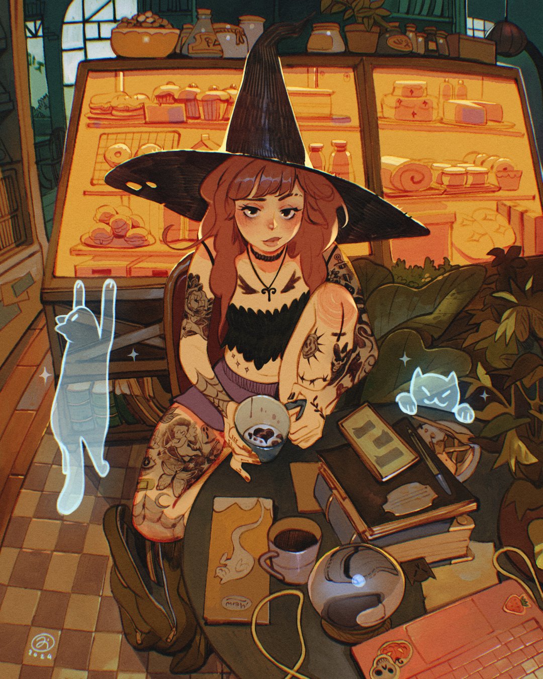 1girl, amulet, arm_tattoo, artist_logo, backpack, bag, bakery, black_eyes