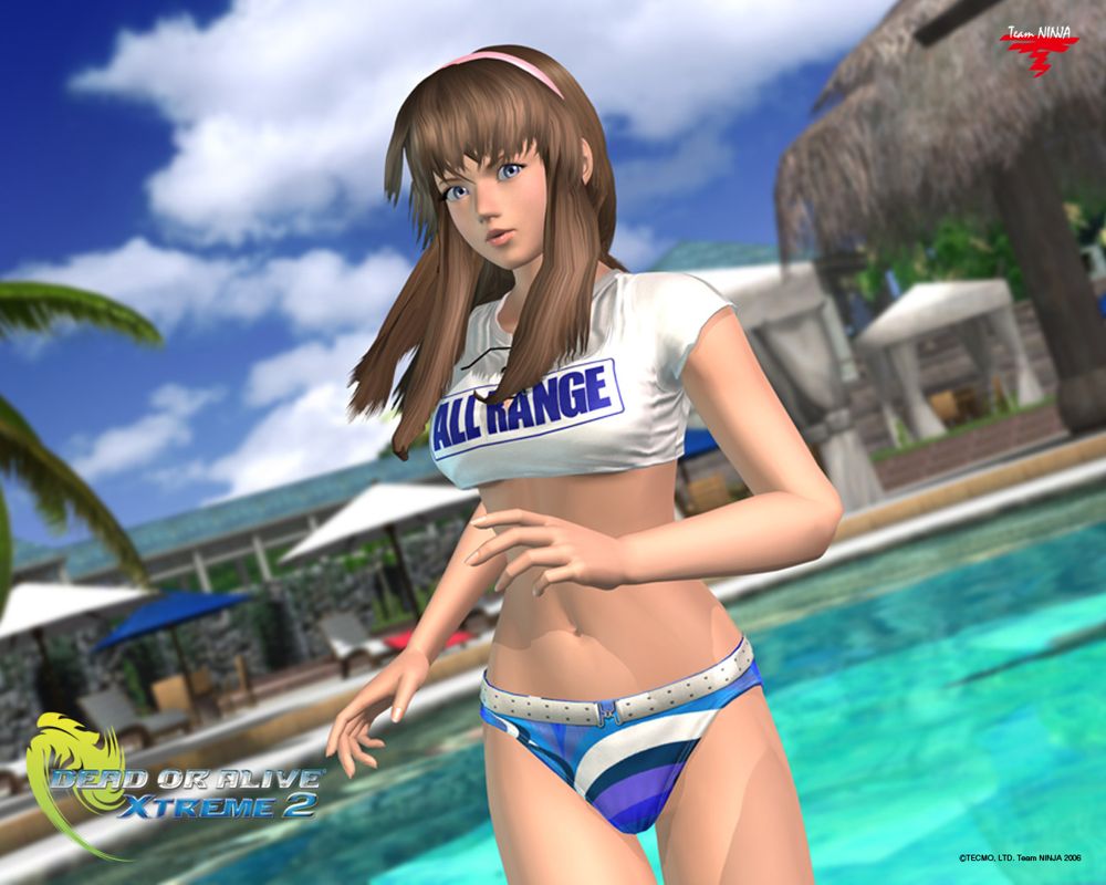 bikini_bottom, blue_eyes, brown_hair, cg_art, crop_top, dead_or_alive, dead_or_alive_xtreme, hitomi_(doa)