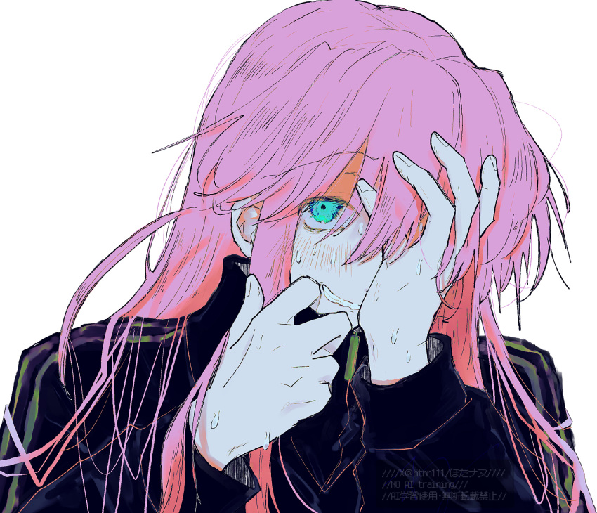 1girl, black_jacket, blue_eyes, blush, bocchi_the_rock!, commentary_request, gotoh_hitori, hair_over_one_eye