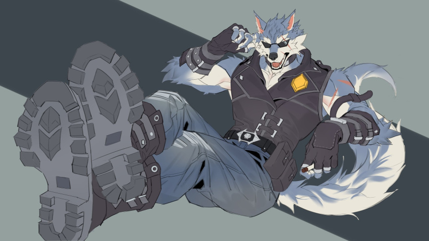 1boy, animal_ears, black_footwear, black_gloves, black_vest, boots, cigarette, claws