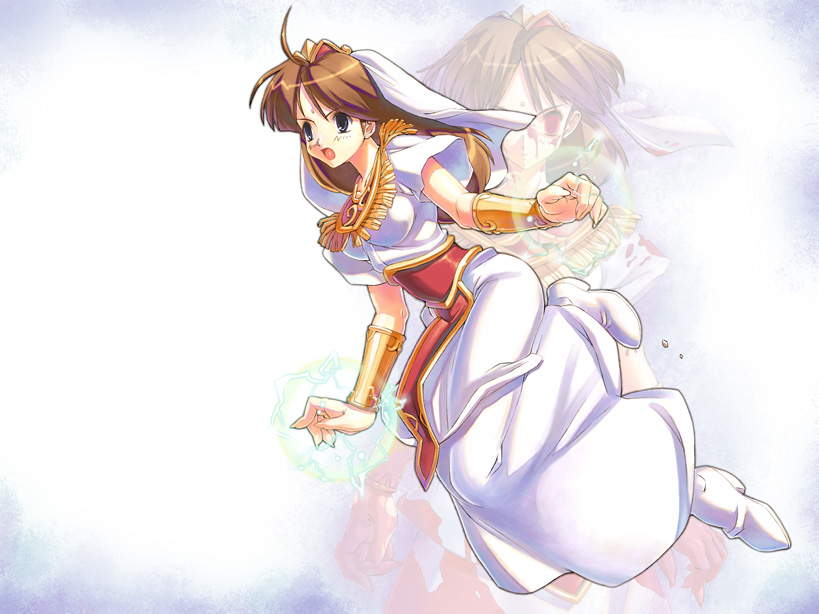 ahoge, bindi, blood, blue_eyes, brown_hair, dress, high_heels, kinu_(tengai_makyou), long_hair, magic, open_mouth, red_eyes, shoes, tengai_makyou, tengai_makyou_ii:_manjimaru, tiara, uchiu_kazuma, veil, wrist_cuffs