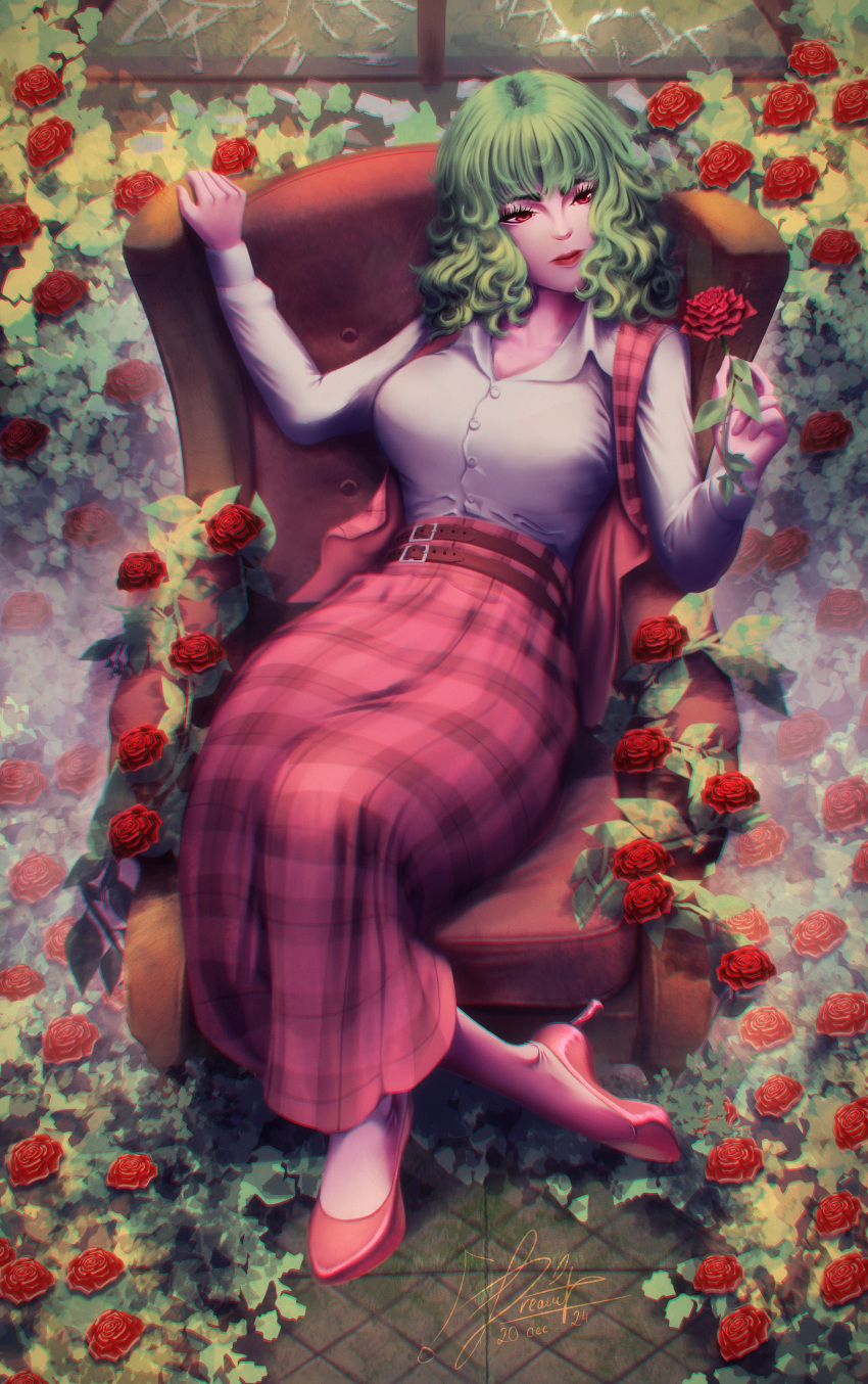 1girl, 2024, absurdres, belt, breasts, bush, buttons, chair