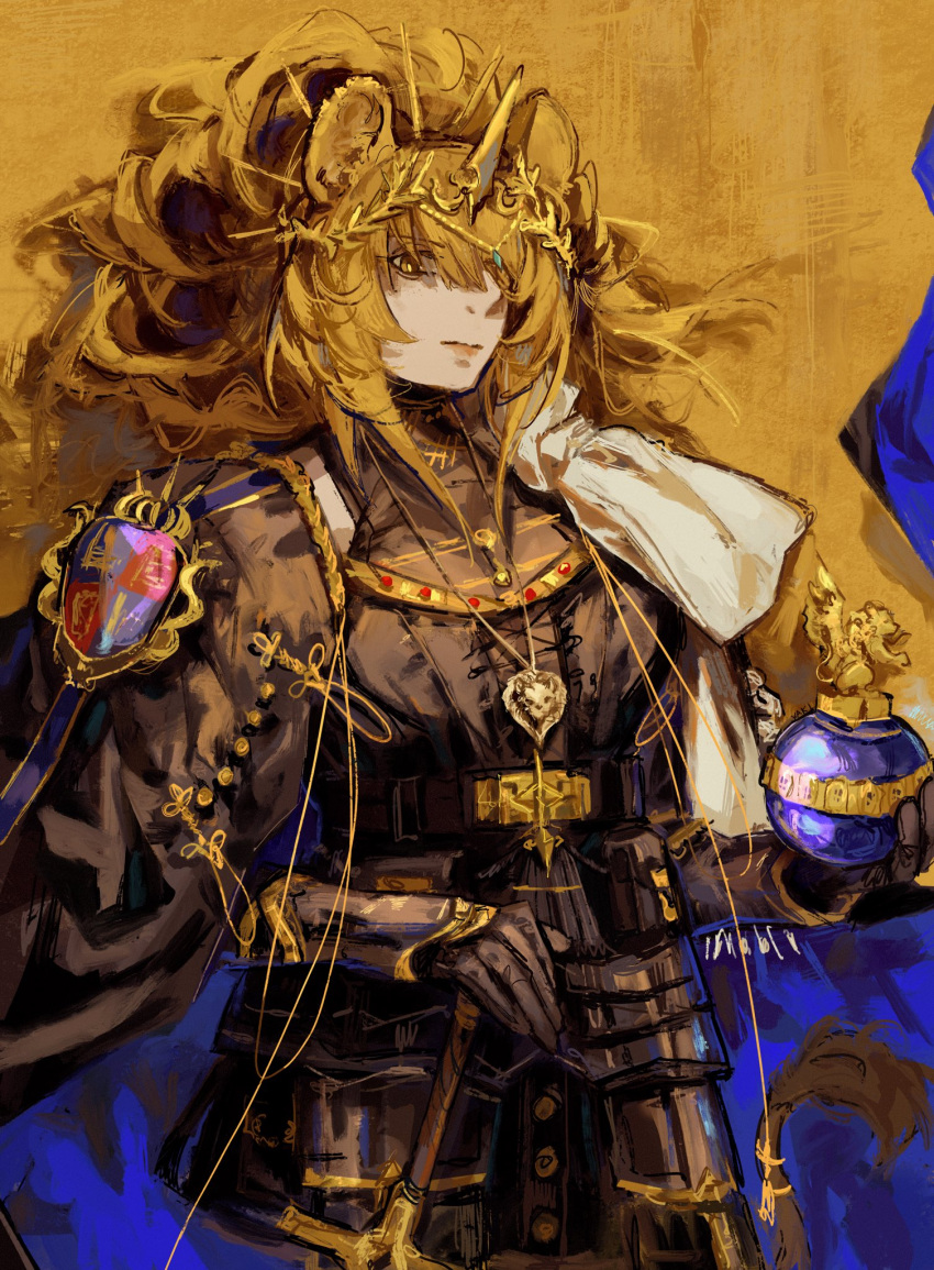 1girl, animal_ears, arknights, armor, black_cape, black_gloves, blonde_hair, cape