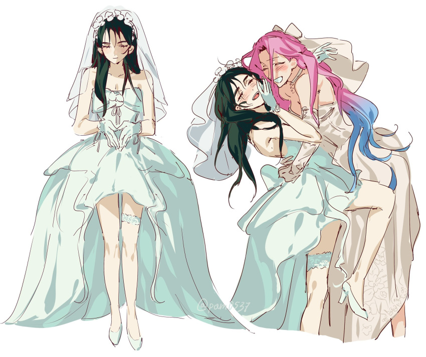 2girls, alien_stage, artist_name, bare_shoulders, black_hair, blue_hair, bow, bridal_veil, bride, carrying, carrying_person, choker, closed_eyes, commentary, dress, dress_bow, dress_flower, english_commentary, flower, full_body, gloves, gradient_hair, hair_flower, hair_ornament, highres, long_hair, mizi_(alien_stage), multicolored_hair, multiple_girls, open_mouth, pam0537, pink_hair, simple_background, smile, strapless, strapless_dress, sua_(alien_stage), thigh_strap, two-tone_hair, veil, very_long_hair, wedding_dress, white_background, white_bow, white_choker, white_dress, white_flower, white_footwear, white_gloves, white_veil, wife_and_wife, yuri
