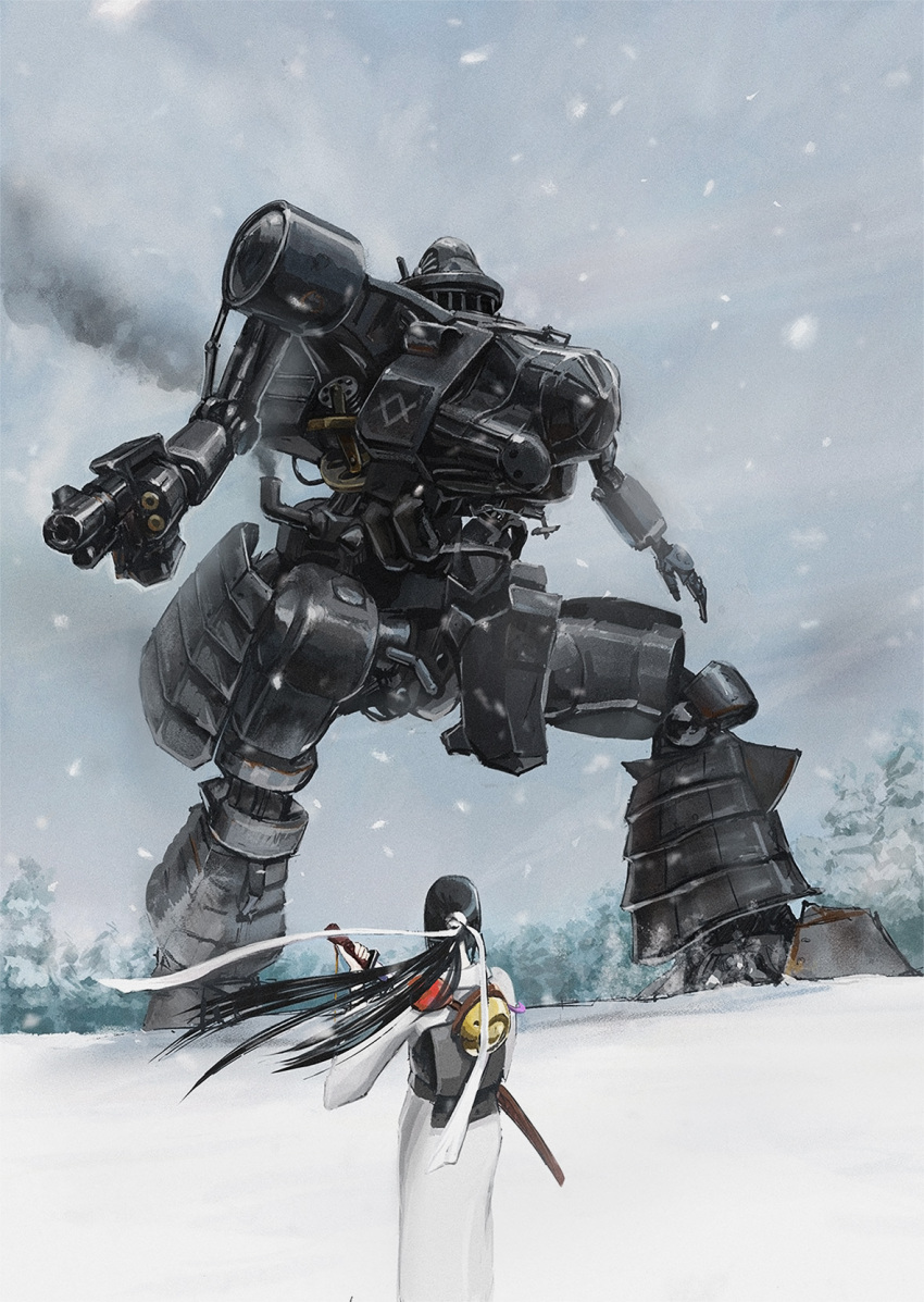 gun, highres, japanese_clothes, katana, mecha, mechanical_arms, original, revolver, robot, snow, snowing, sword, tree, tsuboi_hajime, weapon, winter