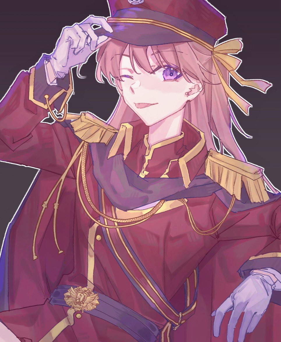 1girl, ;p, adjusting_clothes, adjusting_headwear, aiguillette, arm_up, black_background, blush
