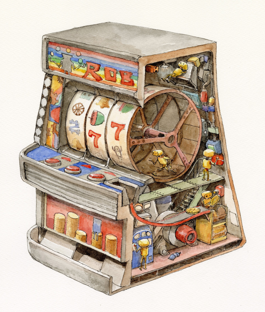 absurdres, buttons, clothing_cutout, coin, hamster_wheel, highres, holding, no_humans