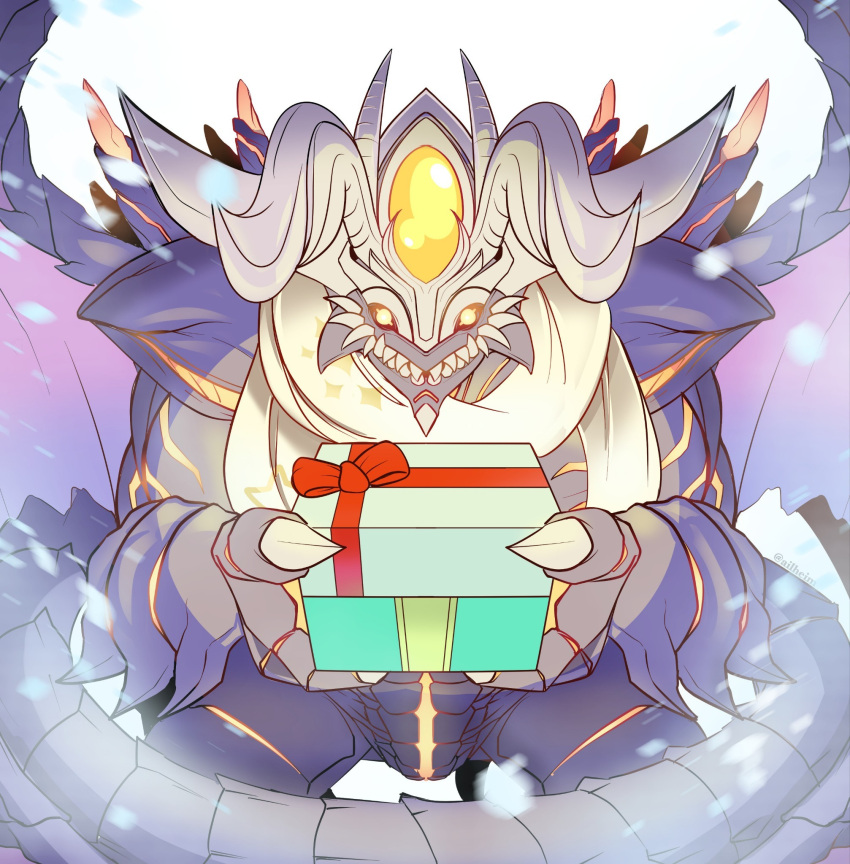 1boy, ailheim, bow, box, claws, demon, demon_horns, demon_tail