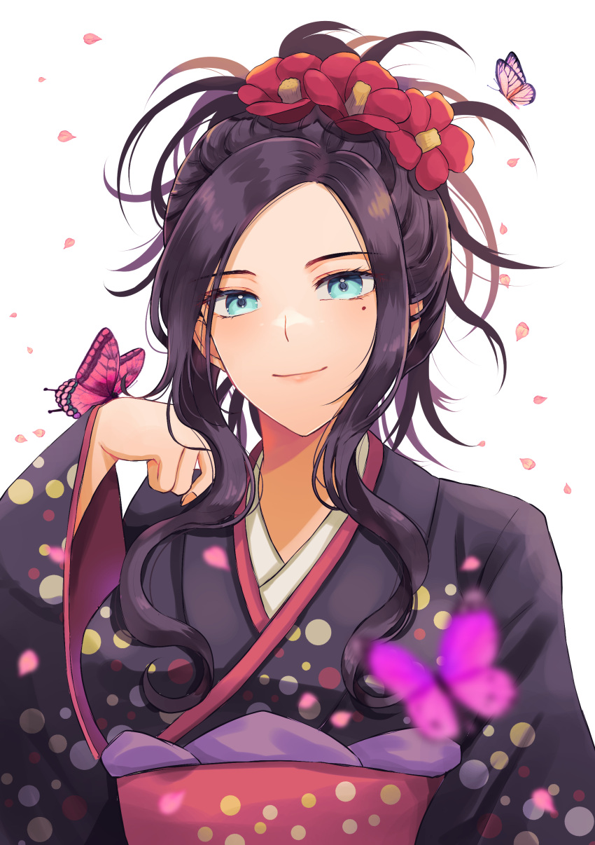 1girl, absurdres, alternate_costume, aqua_eyes, black_kimono, blurry, brown_hair, bug