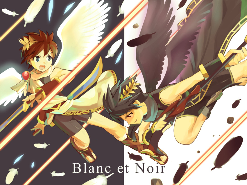 2boys, angel, angel_wings, bike_shorts, black_hair, brown_hair, dark_pit, dark_pit_staff_(kid_icarus)