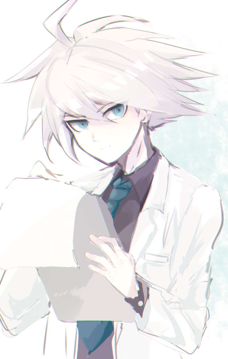 1boy, ahoge, blue_eyes, blue_necktie, clipboard, commentary_request, danganronpa_(series), danganronpa_v3:_killing_harmony