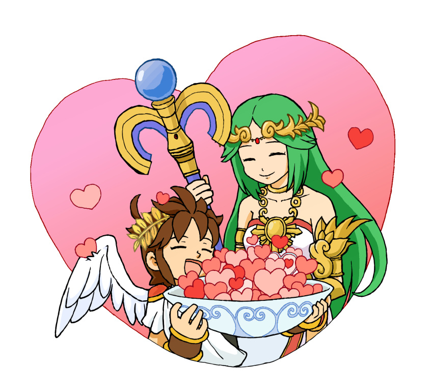 1boy, 1girl, ahoge, angel, angel_wings, brown_hair, chain, closed_eyes, collarbone, diadem, gold_chain, green_hair, h_(he-taro), heart, highres, holding, holding_staff, kid_icarus, kid_icarus_uprising, laurel_crown, palutena, pit_(kid_icarus), smile, staff, too_many, too_many_hearts, transparent_background, wings