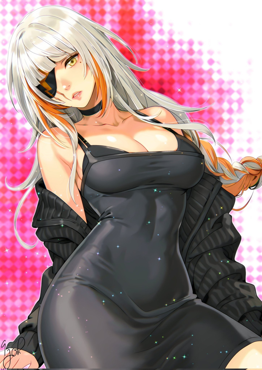 black_bra, black_dress, blunt_bangs, bra, braid, breasts, commission, dress, eyepatch, girls_frontline, highres, kkkiss_etc, large_breasts, long_hair, looking_at_viewer, m16a1_(boss)_(girls'_frontline), m16a1_(girls'_frontline), mole, mole_under_eye, multicolored_hair, scar, scar_across_eye, simple_background, solo, underwear, white_hair, yellow_eyes