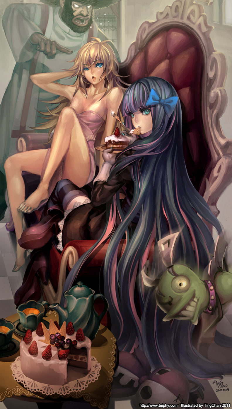 2boys, 2girls, blonde_hair, blue_eyes, cake, chuck, chuck_(psg), dark_skin, food, garterbelt_(character), garterbelt_(psg), highres, multicolored_hair, multiple_boys, multiple_girls, panty_&amp;_stocking_with_garterbelt, panty_(character), panty_(psg), siblings, sisters, stocking_(character), stocking_(psg), striped, striped_legwear, striped_thighhighs, thigh-highs, thighhighs, ting_chan, two-tone_hair