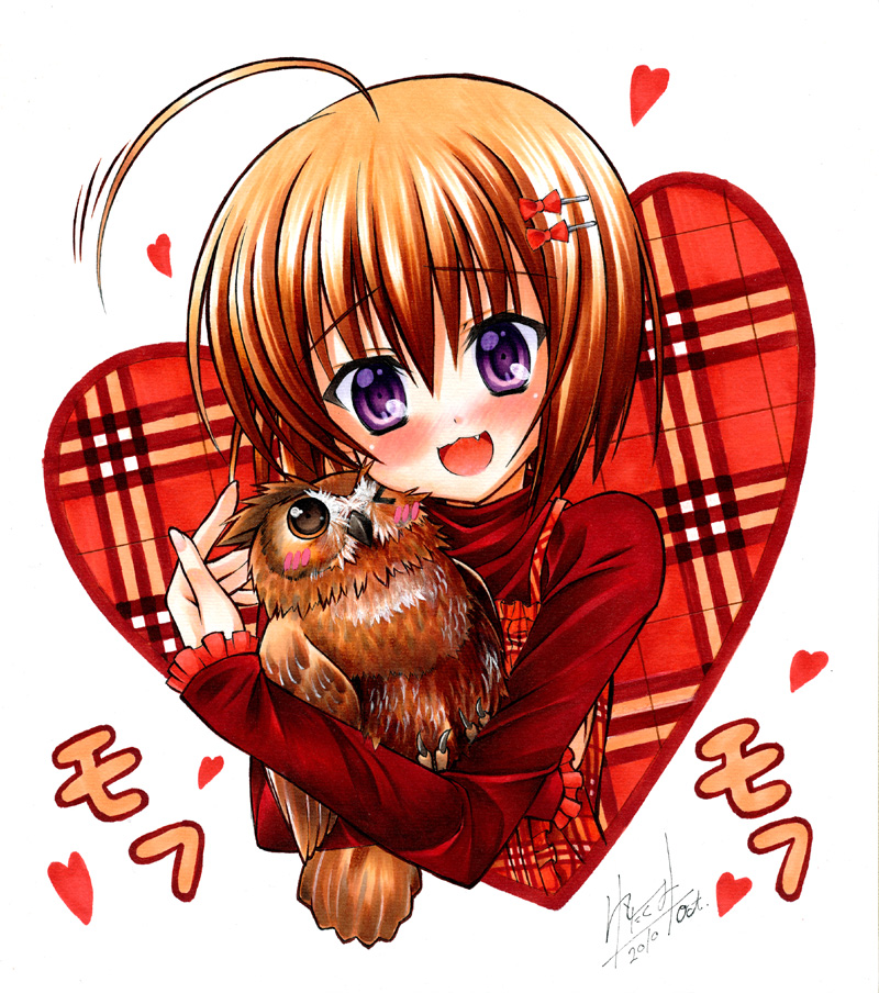 10s, 1girl, 1other, 2010, ahoge, animal, bird, blush, brown_hair, fang, hair_ornament, hairclip, haruna_(kore_wa_zombie_desu_ka?), heart, hiragana, kore_wa_zombie_desu_ka?, marker_(medium), masou_shoujo, millipen_(medium), owl, purple_eyes, shikishi, short_hair, solo, traditional_media, violet_eyes, yuto_cafe