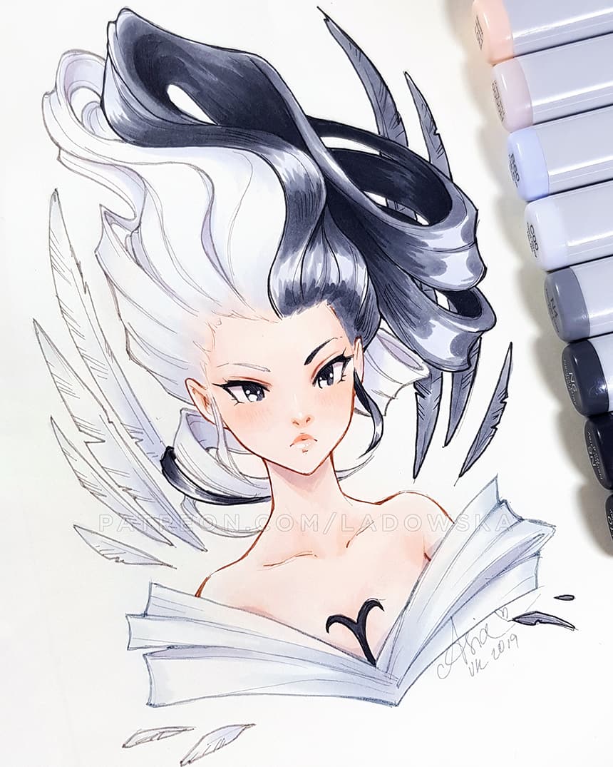 aa_megami-sama, angel, asia_ladowska, black_hair, black_wings, feathers, marker_(medium), multicolored_hair