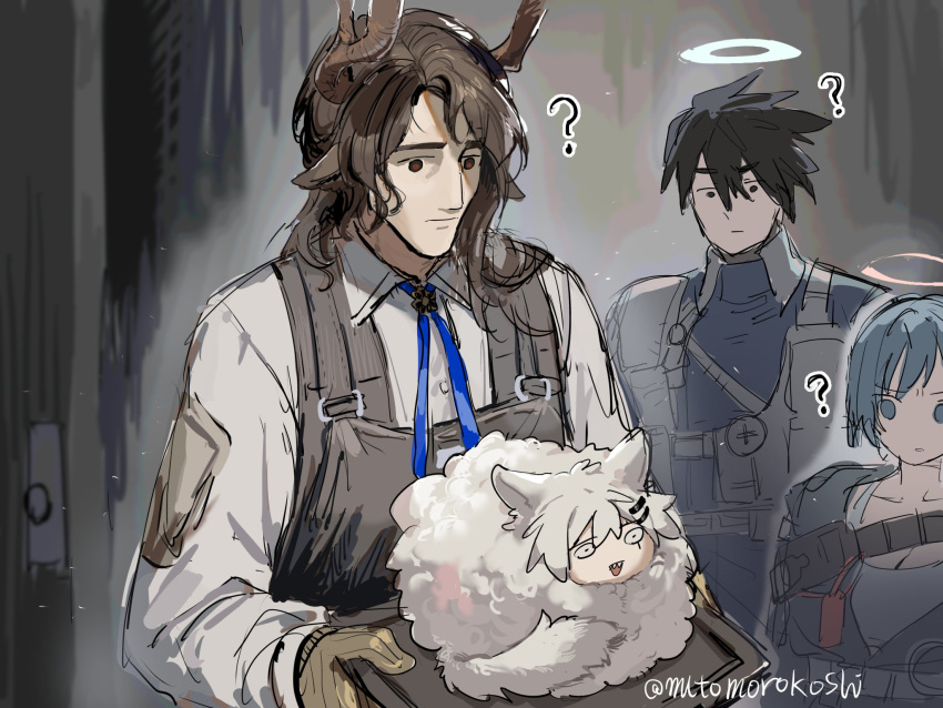 1girl, 2boys, antlers, black_hair, blue_hair, clement_dubois_(arknights), deer_antlers, deer_boy