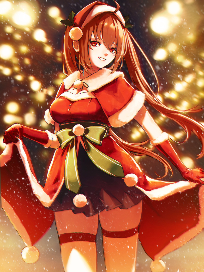 1girl, absurdres, ahoge, blurry, blurry_background, breasts, brown_hair, capelet