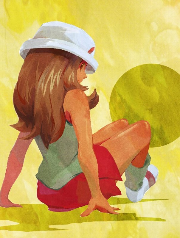 1girl, blue_shirt, brown_hair, closed_mouth, hat, ichiichi_(nanno_koreshiki), knee_blush, leaf_(pokemon)