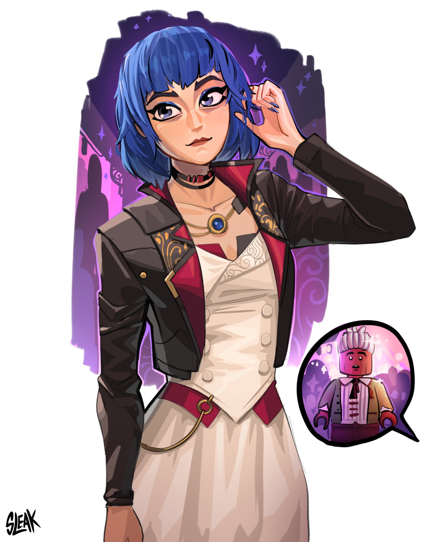 1boy, 1girl, absurdres, arcane:_league_of_legends, blue_eyes, blue_hair, coat, dark-skinned_male, dark_skin, dress, ekko_(league_of_legends), fingernails, highres, jewelry, jinx_(league_of_legends), league_of_legends, lego, lips, meme, sharp_fingernails, short_hair, sleak, smile, speech_bubble, surprised, the_lego_batman_movie, white_hair