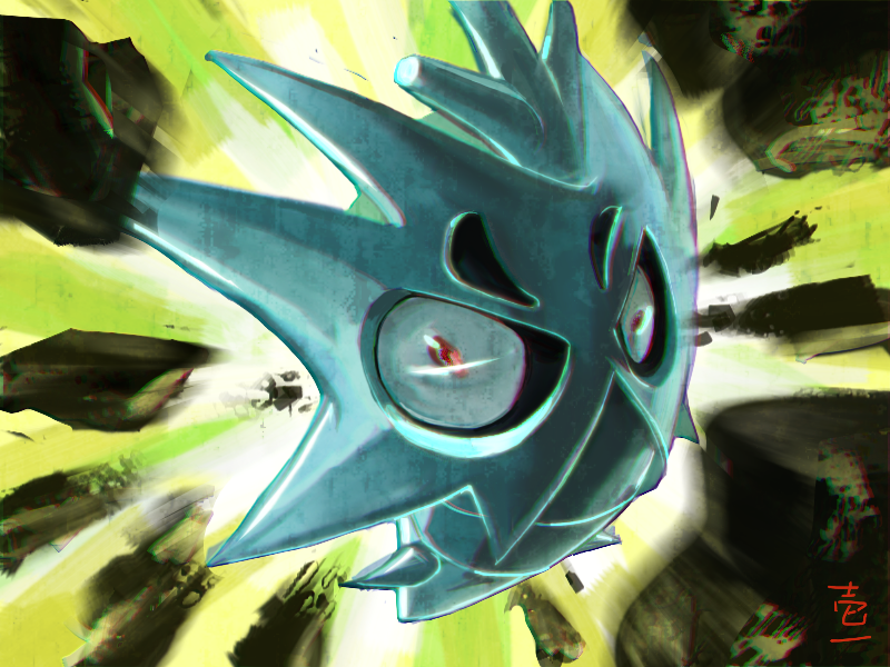 chromatic_aberration, cocoon, debris, full_body, green_background, ichiichi_(nanno_koreshiki), looking_at_viewer, motion_lines, no_humans, pokemon, pokemon_(creature), pupitar, red_eyes, rock_smash_(pokemon), signature, solo