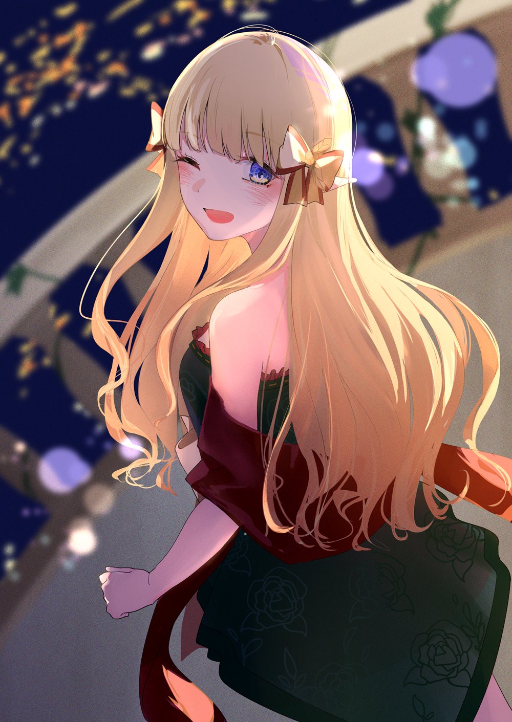 1girl, blonde_hair, blue_eyes, dress, elf, green_dress, hair_ornament, hair_ribbon