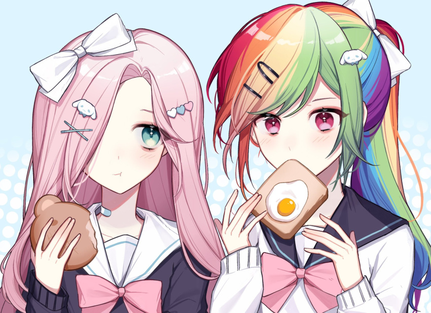 2girls, \||/, aegyo_sal, bandaid, bandaid_on_neck, black_sailor_collar, black_shirt, blue_background