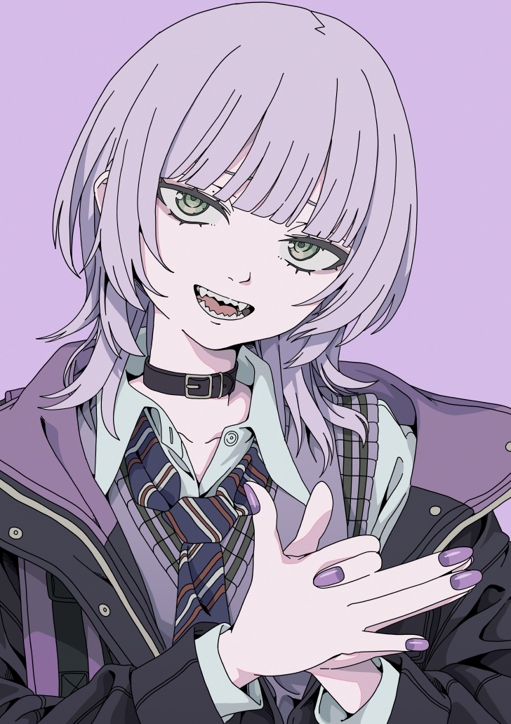 1girl, belt, belt_collar, black_belt, black_jacket, blue_necktie, blunt_bangs, collar