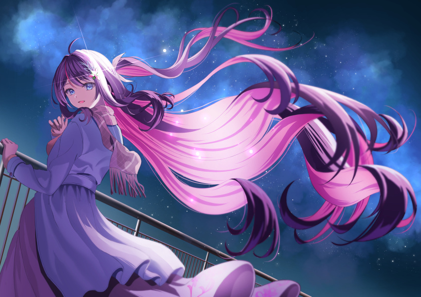 1girl, azki_(hololive), blue_eyes, brown_hair, coat, colored_inner_hair, commentary_request, dress
