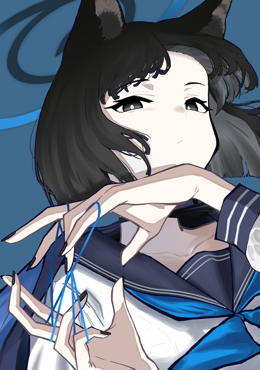 1girl, absurdres, animal_ears, black_eyes, black_nails, black_sailor_collar, blue_archive, blue_background