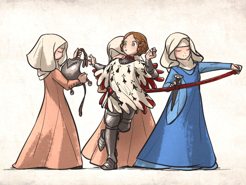 4girls, armor, belt, blue_dress, braid, braided_bun, breastplate, brown_hair, capelet, chainmail, closed_eyes, closed_mouth, commentary, couter, cuisses, dagger, dress, english_commentary, ermine_(heraldry), greaves, green_eyes, grey_footwear, hair_bun, holding, holding_belt, holding_dagger, holding_knife, holding_scabbard, holding_unworn_clothes, holding_weapon, ironlily, knife, knight, lady_johnna_(ironlily), layered_armor, long_sword, looking_to_the_side, medieval, multiple_girls, ordo_mediare_sisters_(ironlily), pink_dress, poleyn, removing_belt, rerebrace, sabaton, scabbard, sheath, simple_background, standing, standing_on_one_leg, undressing_another, vambraces, weapon, white_capelet, wimple