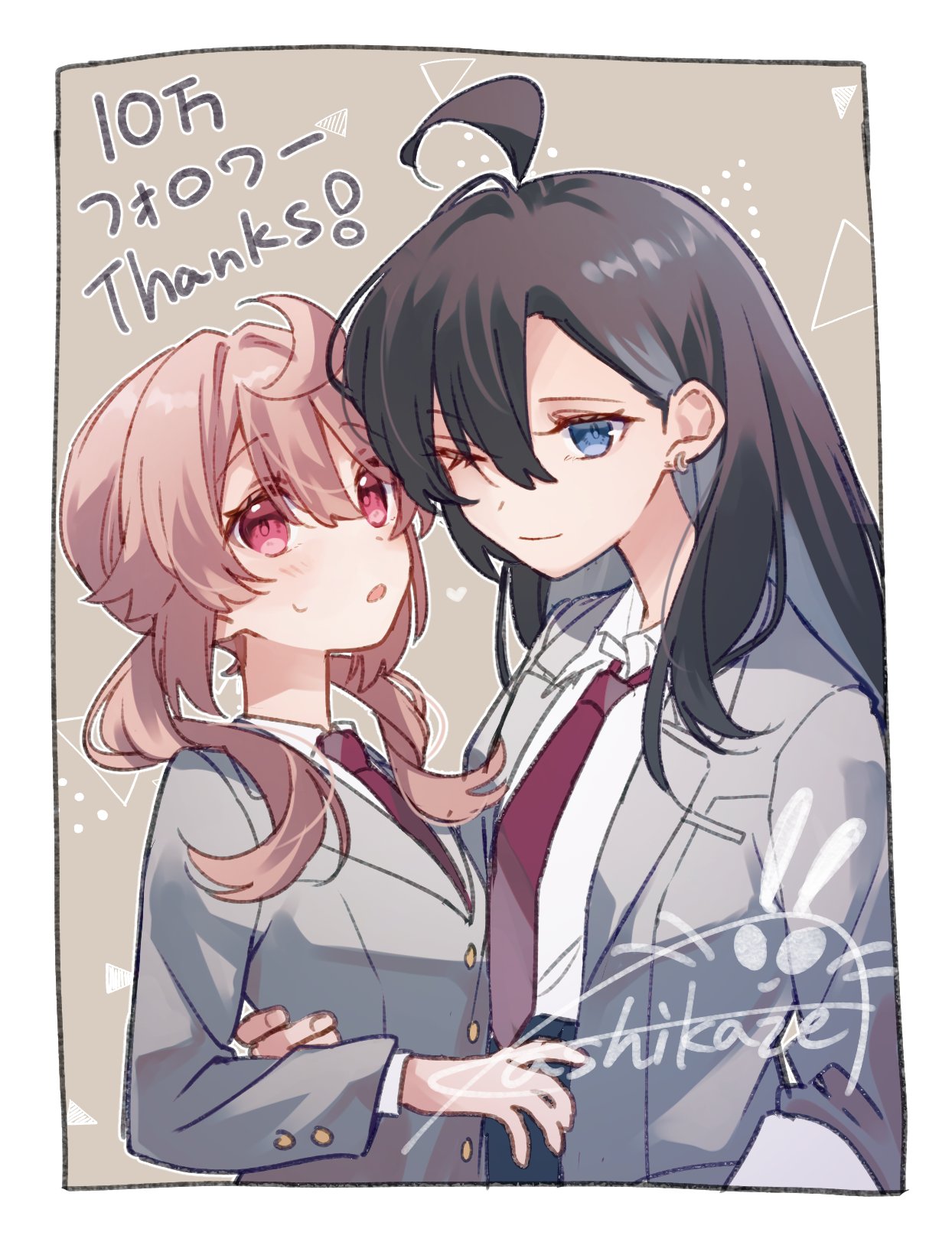 2girls, ahoge, black_hair, blue_eyes, blush, border, brown_hair, closed_mouth