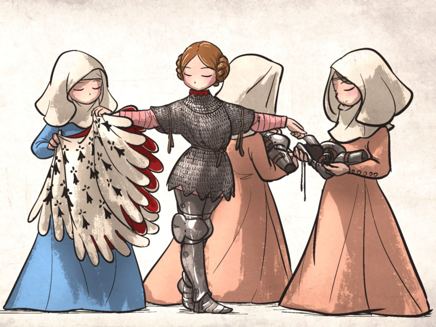 4girls, armor, belt, blue_dress, braid, braided_bun, brown_hair, cape, capelet, chainmail, closed_eyes, closed_mouth, commentary, couter, cuisses, dress, english_commentary, ermine_(heraldry), gambeson, greaves, grey_footwear, hair_bun, holding, holding_cape, holding_unworn_clothes, ironlily, knight, lady_johnna_(ironlily), layered_armor, looking_to_the_side, medieval, multiple_girls, ordo_mediare_sisters_(ironlily), pink_dress, pink_sleeves, poleyn, removing_cape, rerebrace, sabaton, simple_background, standing, undressing_another, vambraces, white_capelet, wimple