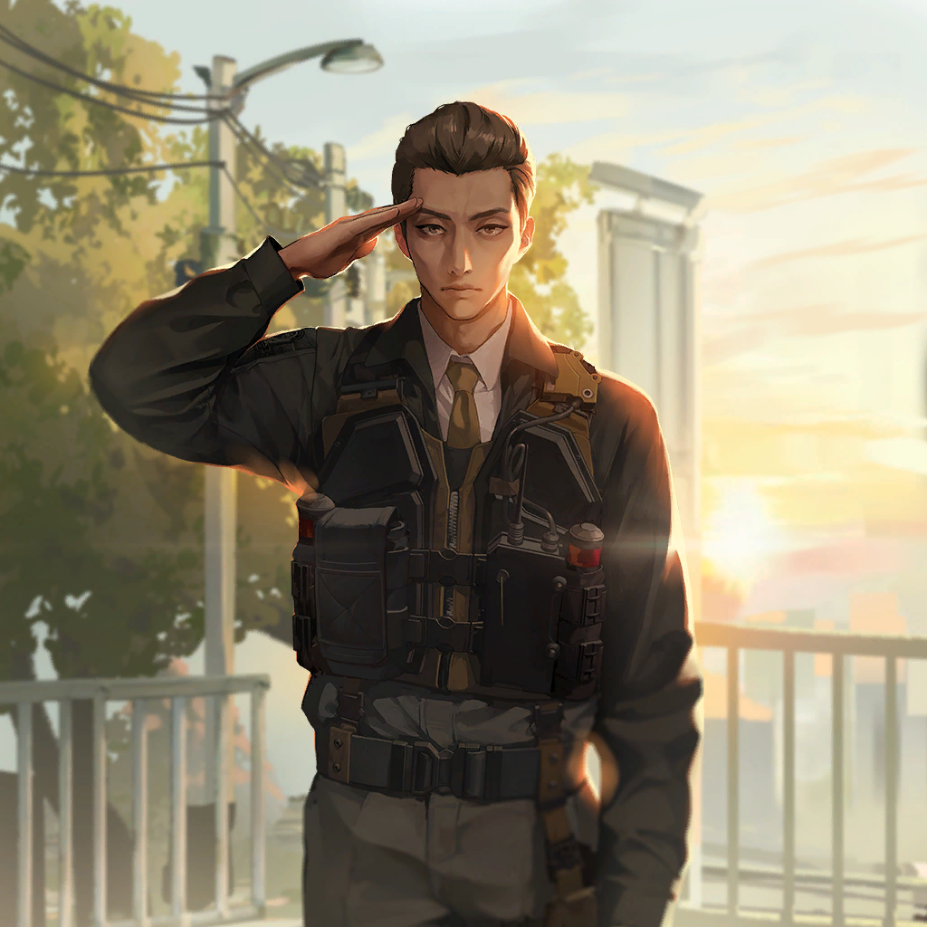 1boy, brown_eyes, brown_hair, city, goddess_of_victory:_nikke, looking_at_viewer, military_uniform, official_art