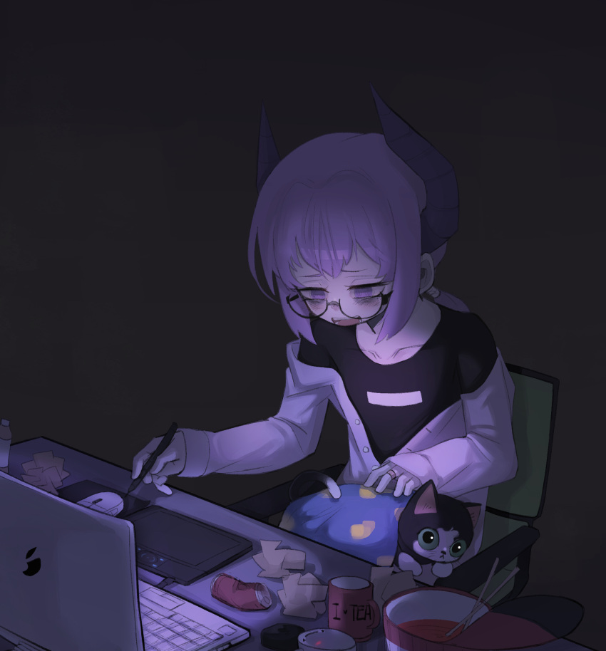1boy, animal_on_leg, bags_under_eyes, black-framed_eyewear, black_background, black_shirt, cat, chopsticks