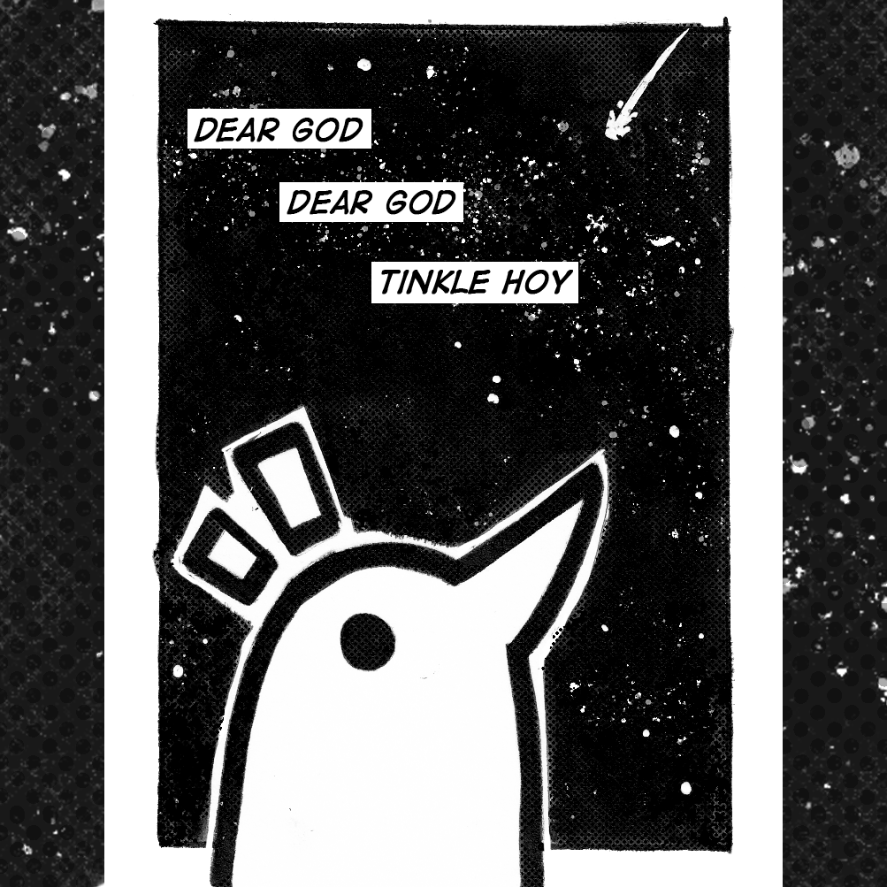 border, commentary, dotted_background, english_commentary, english_text, greyscale, inset_border, jellyghost, monochrome, no_humans, notice_lines, onodera_punpun, outline, oyasumi_punpun, shooting_star, sky, solid_oval_eyes, solo, star_(sky), starry_sky, traditional_media, white_border, white_outline