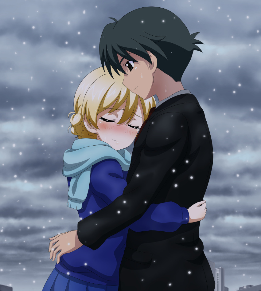 1boy, 1girl, absurdres, black_hair, black_jacket, blonde_hair, closed_eyes, commission, commissioner_upload, crossover, darjeeling_(girls_und_panzer), girls_und_panzer, girls_und_panzer_senshadou_daisakusen!, highres, hug, itou_makoto_(school_days), jacket, key_(gaigaigai123), school_days, school_days_hq, school_days_lxh, second-party_source, snow, snowing, tears